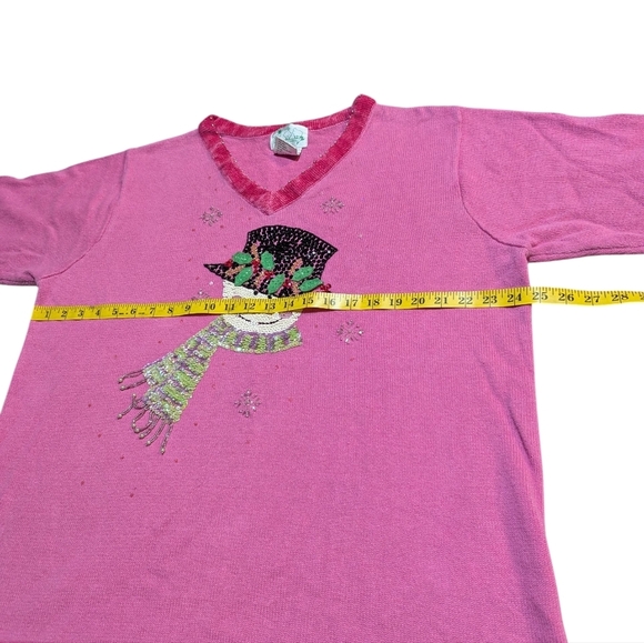 Quacker Factory Pink Beaded Embroidered Snowman 1X Ugly Christmas Sweater - Picture 5 of 6